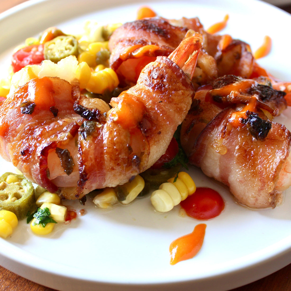 Bacon-Wrapped Shrimp with Corn and Okra Salad