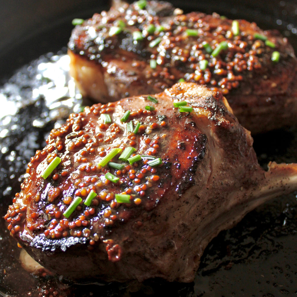 Center Cut Frenched Pork Chops with Brandy, Maple Syrup and Mustard