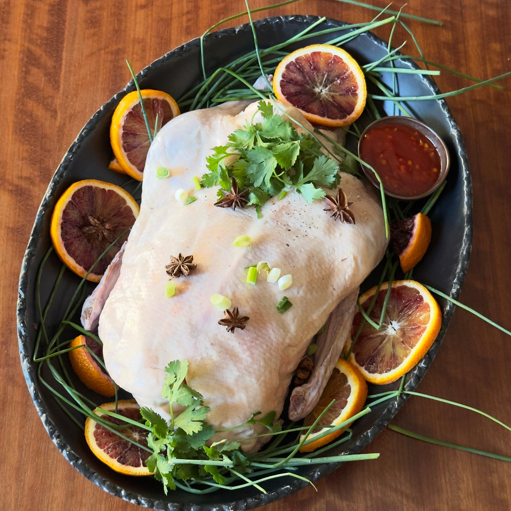 Raw duck with citrus and herbs on a dark platter