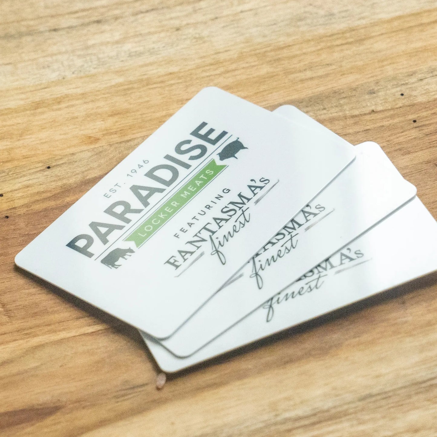 Gift Cards on wood slab